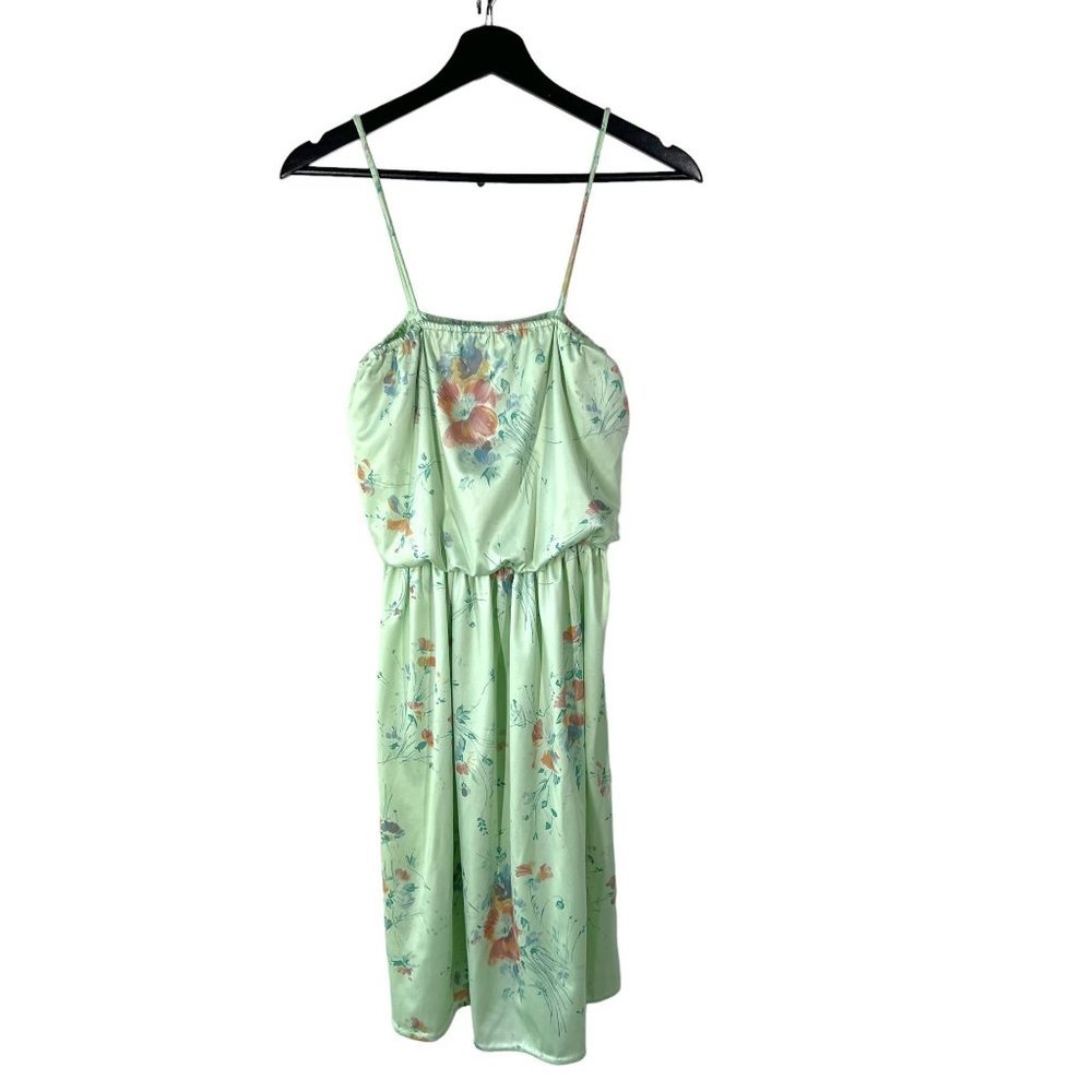 Vintage 80s Green Floral Print Below Knee Spaghetti Strap Dress Medium